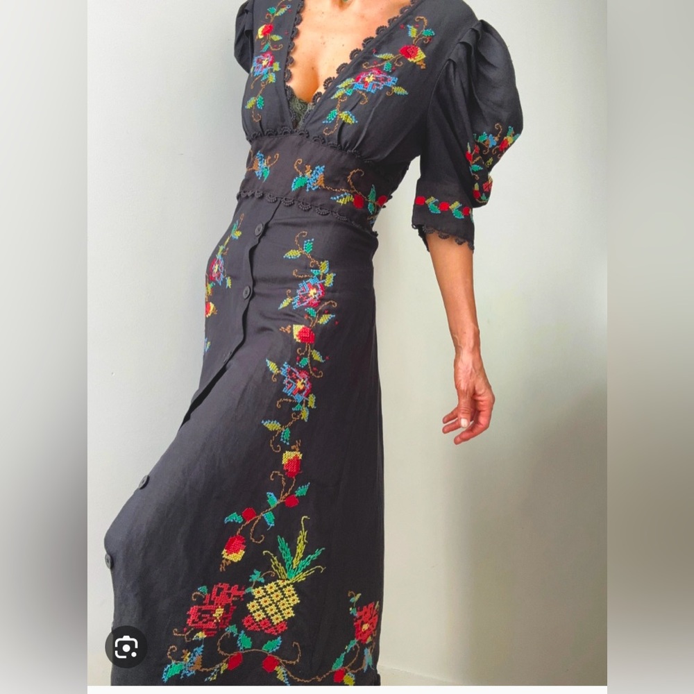 Farm Rio Embroidered Black Midi Dress